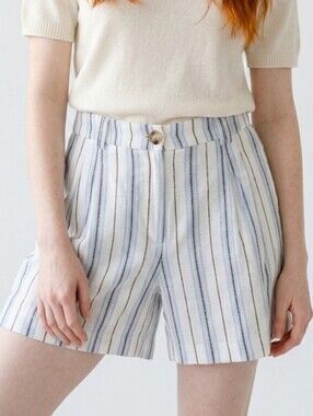 Loft Blue And White Pleated Striped Linen Blens Shorts Size 6
